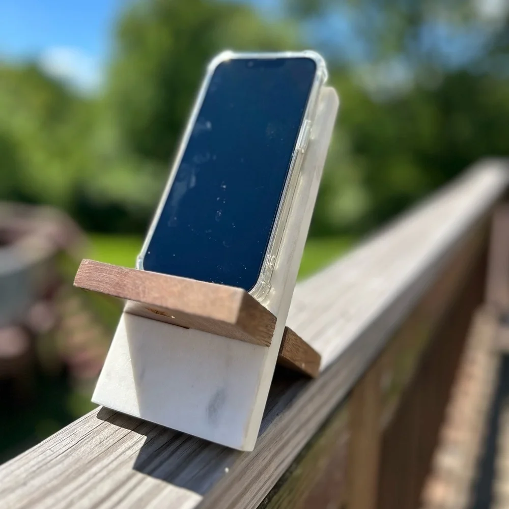 Marble and Wood Moon Phone Stand